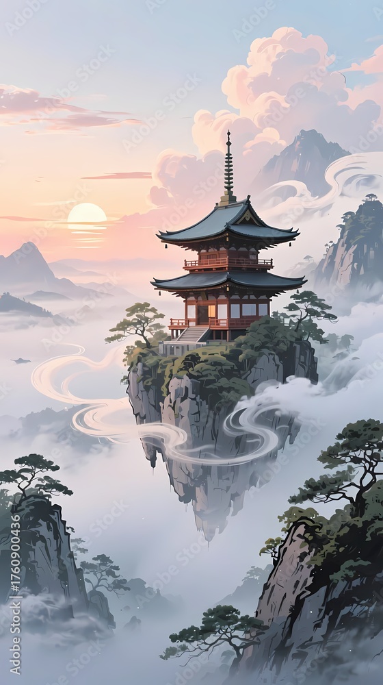 Obraz premium fantasy Japanese landscape floating temple on misty mountain soft pastel sunrise sky gentle clouds swirling around elegant.