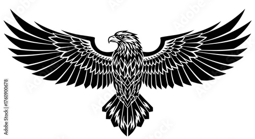 Detailed eagle vector illustration soaring with outstretched wings black and white artistic bird design icon