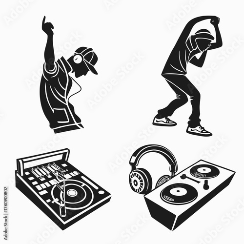 Vector art of vinyl dj vector illustration set with turntable and headphones