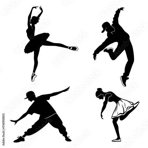 Vector art of silhouetted dancers in various poses, perfect for dance themes