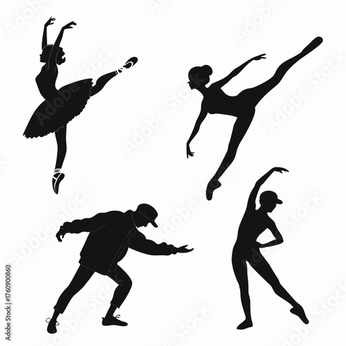 Vector art of silhouetted dancers in various poses, perfect for dance themes