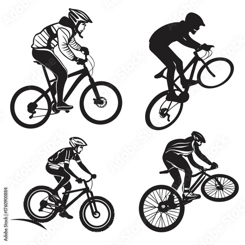 Vector art of mountain biker silhouette set for extreme sport design