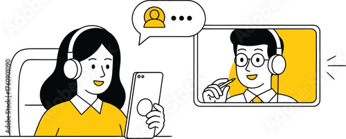 Two colleagues communicating through video call. vector illustration