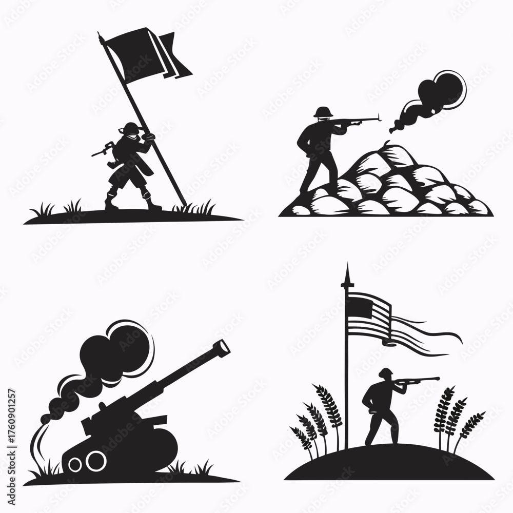Obraz premium Vector art of silhouette set of soldiers in war with flag, gun, and cannon