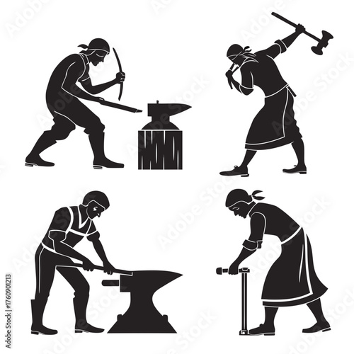 Vector art of four blacksmiths working with metal in vector format