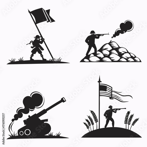 Vector art of silhouette set of soldiers in war with flag, gun, and cannon