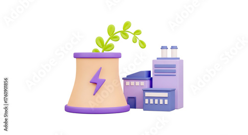 Stylized 3d rendering of a green energy power plant with a lightning bolt symbol and growing plants isolated on transparent background