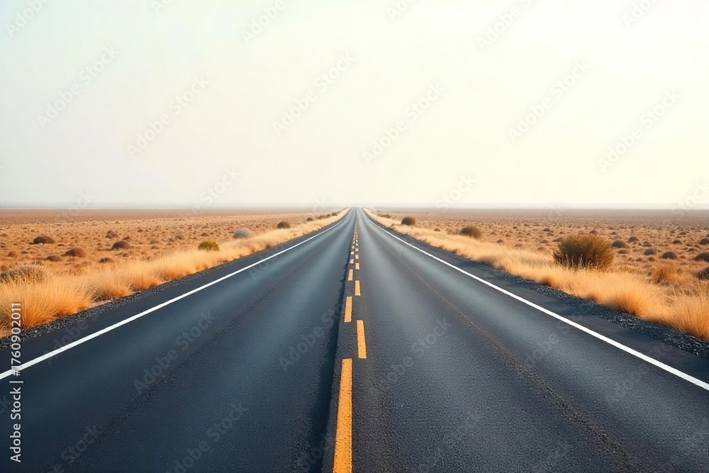 Naklejka premium Empty Asphalt Road Stretching to Hazy Horizon, Peaceful Countryside Landscape, Solitude, Vastness, Dry Grass, Pale Sky