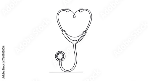 Stethoscope shaped like a heart symbolizing healthcare, and the medical profession. Line art vector illustration, isolated on a transparent background