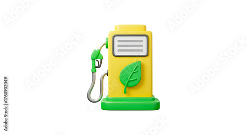 Stylized cartoon yellow gas pump with green leaf symbol and hose isolated on transparent background