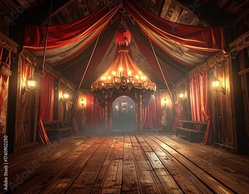 Dark interior with red drapery, wooden floor, and ornate chandelier