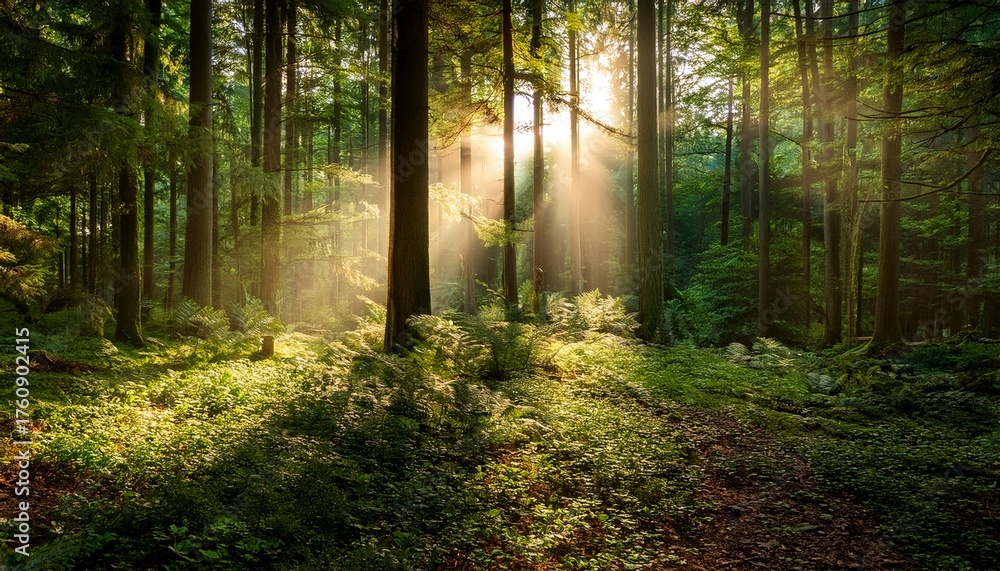 Obraz premium Sunlight Streams Through A Dense Forest