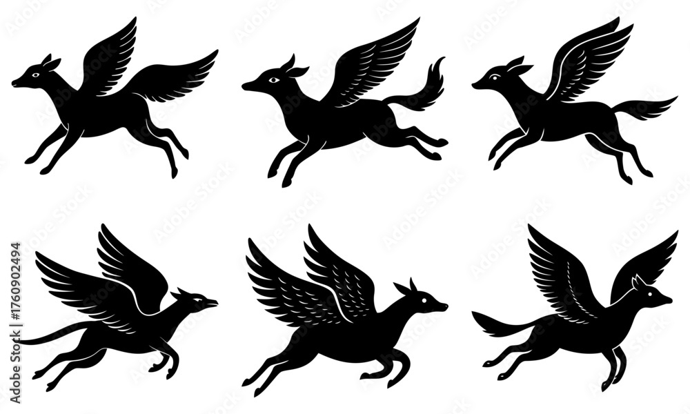 Obraz premium Six black winged deer in various poses against a white background in a vector style illustration
