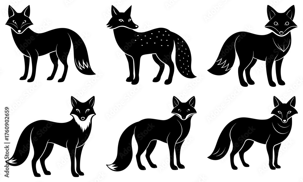Fototapeta premium Six black fox silhouettes with varying tail designs and poses on a white background in a symmetrical layout
