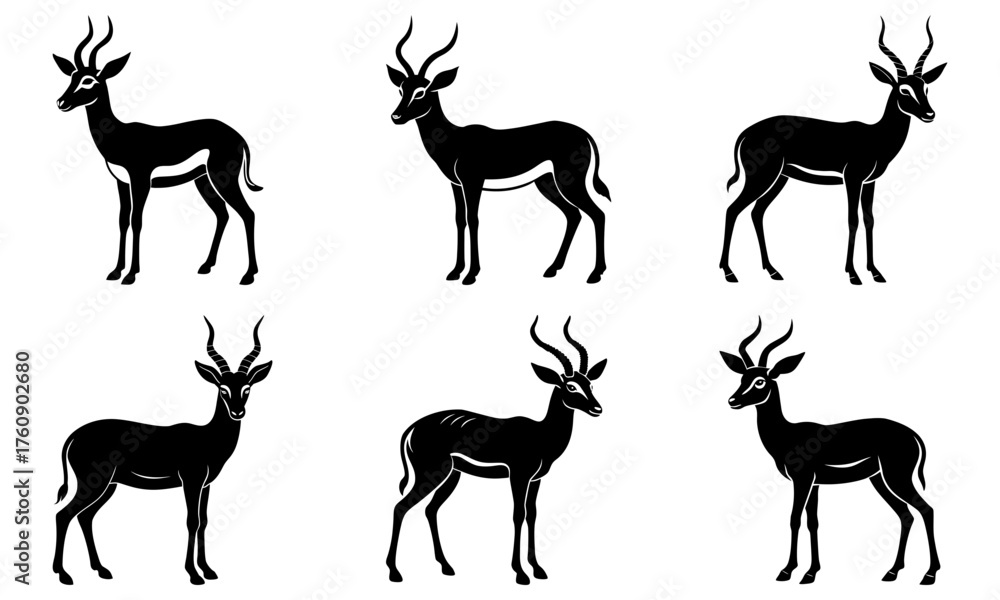 Fototapeta premium Illustration of six black and white gazelles with long horns standing in various poses on a white background