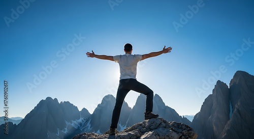 Triumphant man on mountain peak with arms outstretched against blue sky.