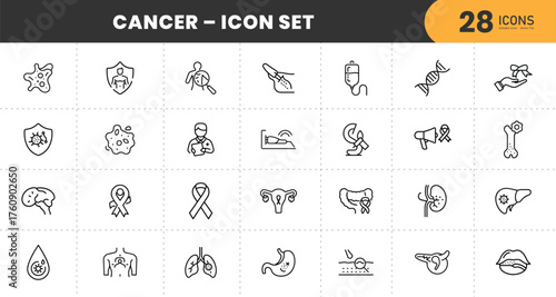 Cancer Awareness Icon Set – 28 Thin Line Medical Icons for Oncology, Treatment, Research, DNA, Ribbon, Prevention, and Health Care with transparent Background.