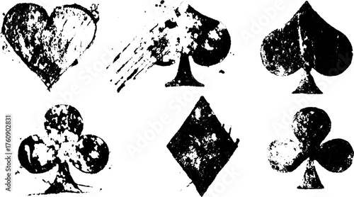 Playing card symbols: heart, spade, club, and diamond in a grunge style. Simple black vector illustration set.