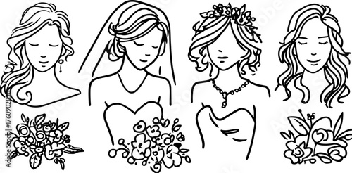Silhouette sketches of brides and women with various hairstyles. Hand-drawn outlines with floral bouquets in a simple vector illustration set.