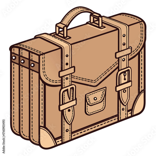 Detailed illustration of a brown leather satchel with buckles and straps briefcase accessory