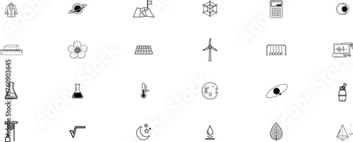 Science liner icon set. Containing biology, laboratory, experiment, scientist, research, physics, chemistry and more icons. Science education symbol on transparent background