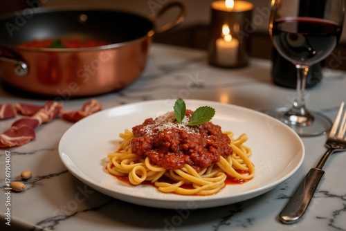 Steaming hot tagliatelle with bolognese sauce in ceramic bowl. Cozy kitchen, checkered tablecloth, bread basket and olive oil nearby