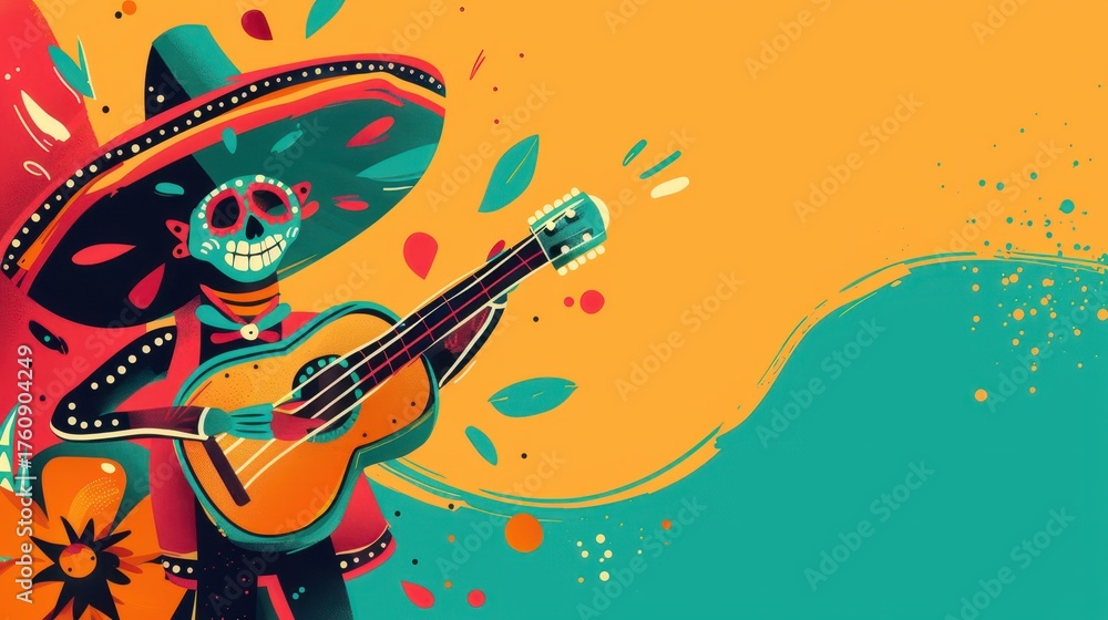 Obraz premium Santa cecilia day celebration with festive mexican music and vibrant mariachi illustration. Day of the Dead in Mexico. Horizontal banner. Copy space. Flat illustration