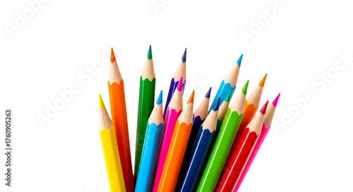 A vibrant collection of sharpened colored pencils fanned out and isolated on transparent background