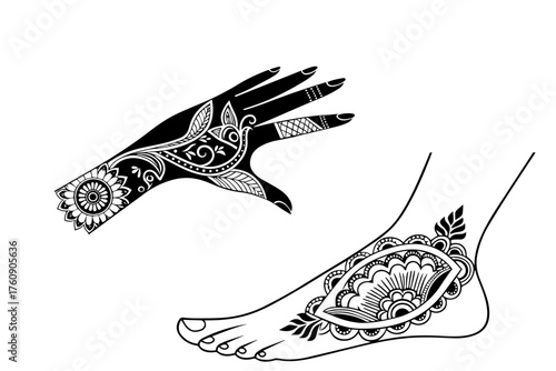 Traditional mehendi on hands set. Indian henna tattoos, Arabic patterns on palms. Diverse women with different designs, styles of mehndi, floral ornaments, henna design hand and foot silhouette pack