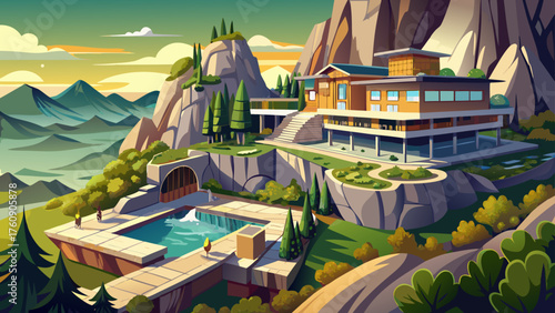 Very beautiful luxury mountain resort seamlessly built into a rocky cliffside, blending stunning modern architecture with breathtaking natural surroundings — a masterpiece of harmony between design an