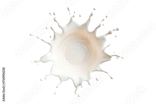A symmetrical, radiating milk splash against a black background.  Creamy white liquid forms a circular burst, with splatter and a hollow center.  High-contrast image