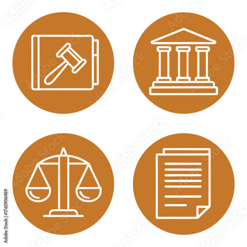 Four white legal icons in circles on a brown background justice court