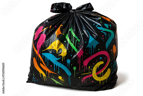 Black trash bag tightly tied, glossy surface with colorful graffiti and pop art patterns, isolated on white background