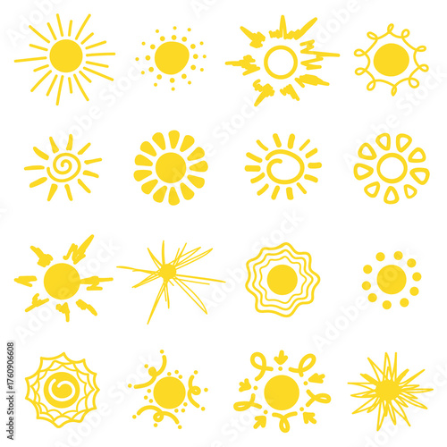 Sun Shine Ray Set. Hand drawn Sun icon isolated on white background.