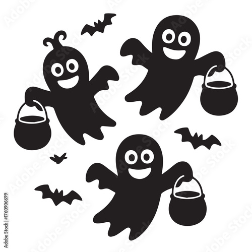 Cute halloween ghosts with buckets and bats isolated on white background spooky and fun illustration for halloween party