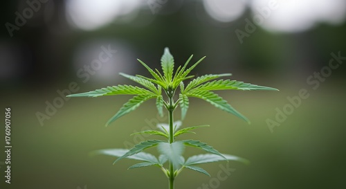 Young Green Cannabis Plant Growing Outdoors in a Garden with Soft Bokeh Background