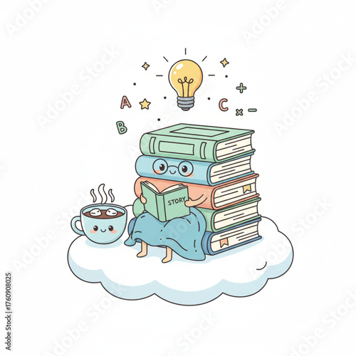 Idea Emerging from Knowledge: Stack of Books with Lightbulb on a Cloud, Conceptual Education Vector.