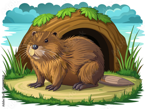 Realistic vector of beaver near underground lodge, detailed brown fur and flat tail, isolated on light background, wildlife art, natural look