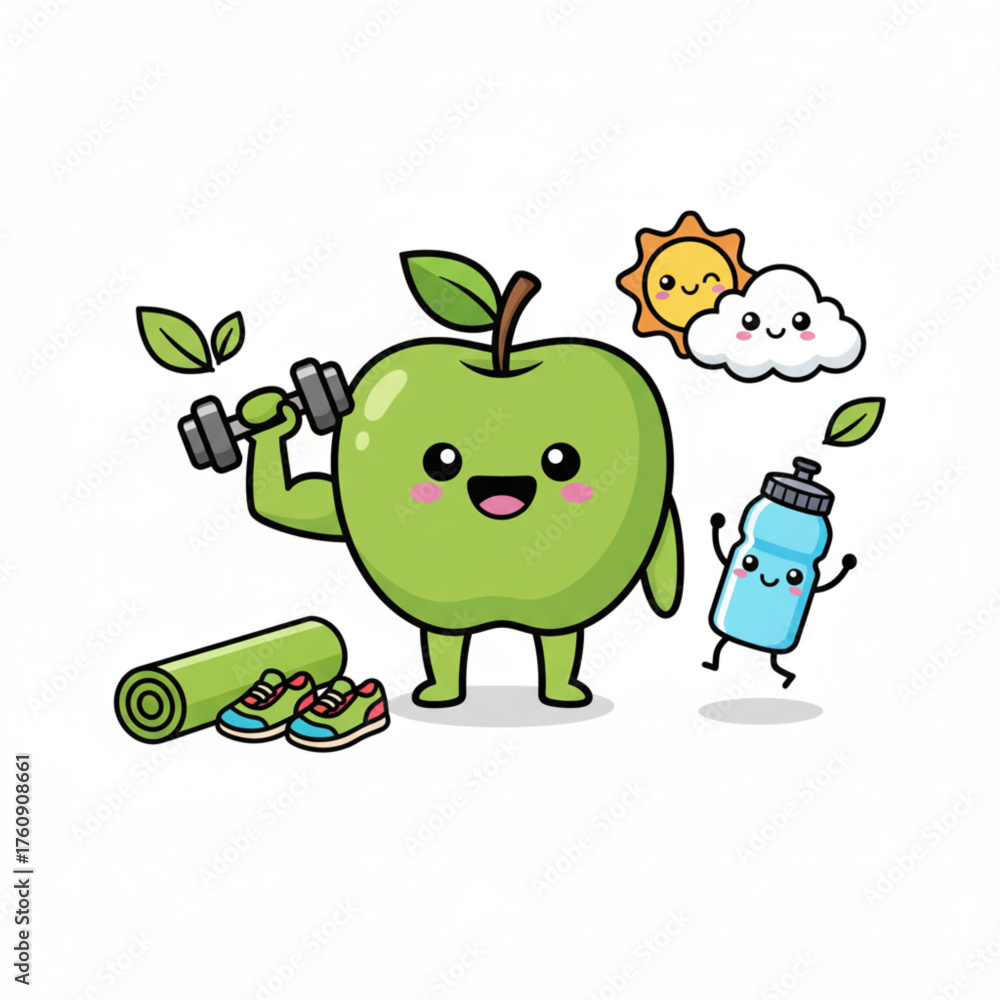 Fototapeta premium Cute Apple Mascot Cartoon Character Doing Fitness Workout, Symbolizing Healthy Lifestyle and Nutrition