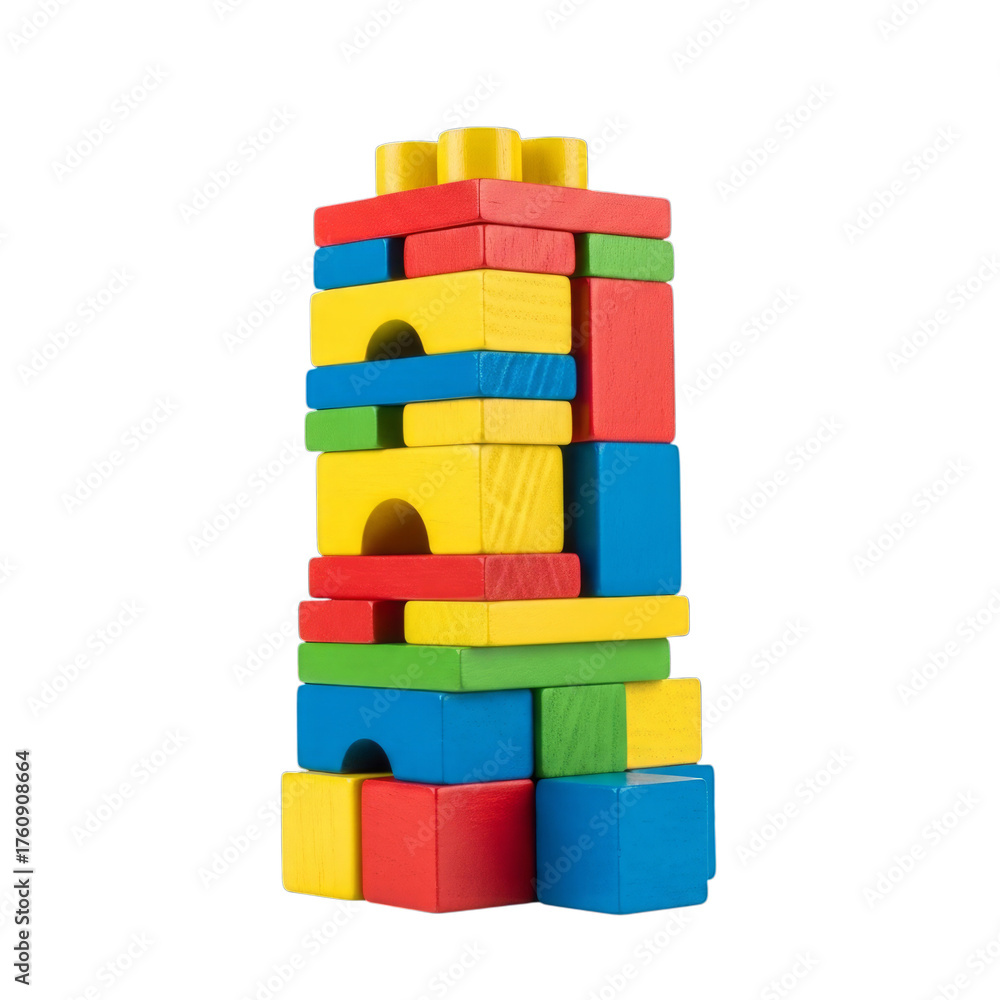 Obraz premium Colorful wooden building blocks tower isolated on a transparent background