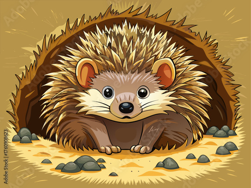 Realistic vector of hedgehog hiding in underground hole, detailed spikes, brown fur, isolated on beige background, cute wildlife illustration