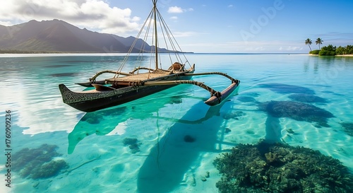 Outrigger Canoe on Turquoise Waters of Moorea, French Polynesia.