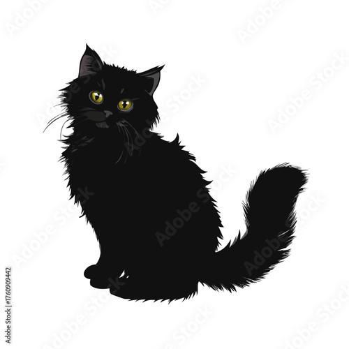 Realistic fluffy black cat illustration on white background, cute kitten artwork for print and design vector icon
