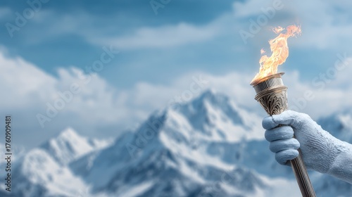A hand in white gloves gracefully holds an Olympic torch, its flame flickering against a backdrop of clouds and snow-capped mountains, embodying the spirit of the winter games.