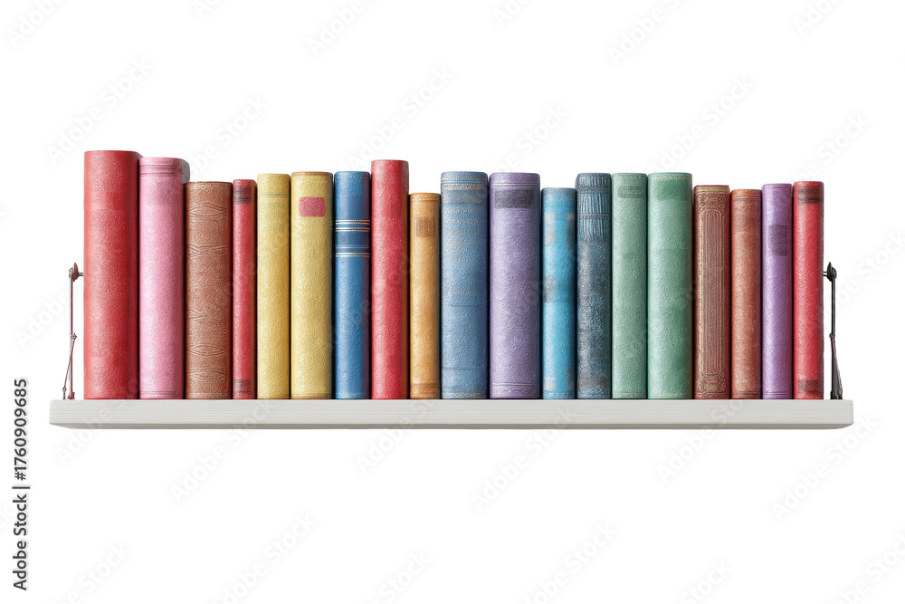 Naklejka premium Rows of colorful books on a white shelf