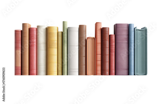 A row of various-colored hardback books on a shelf