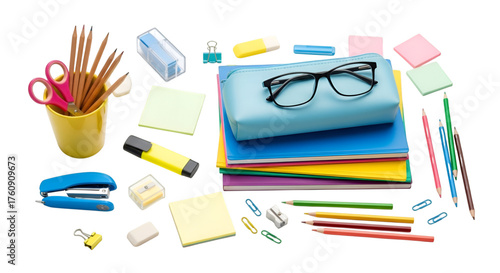 Collection of school and office supplies including pencils pens scissors stapler erasers sticky notes and glasses isolated on transparent background