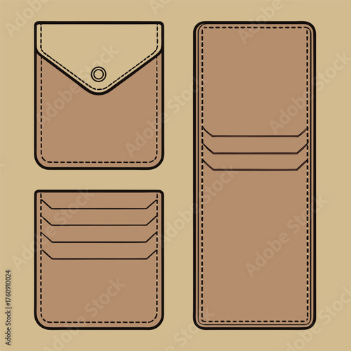 Three flat lay illustrations of stitched leather cardholders and a wallet leather accessory stitched detail