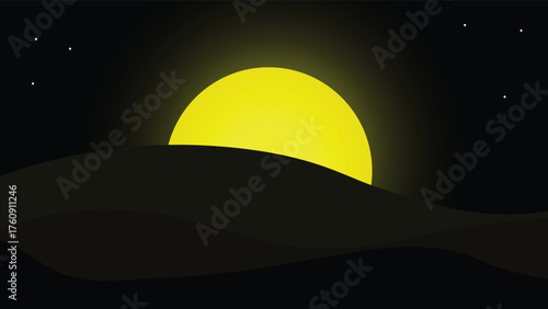 Illustration of full moon, black sky and mountain view