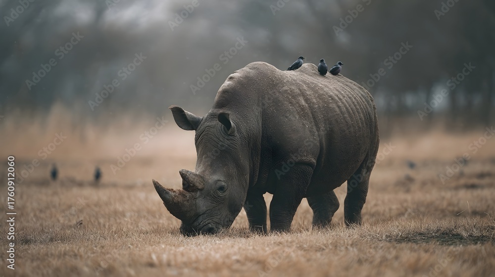 Fototapeta premium A large rhinoceros grazes in a dry grassy field with small birds perched on its back